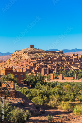 View of the fortified city of Ait-Ben-Haddou, Morocco. Vertical. Copy space for text.