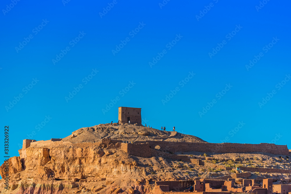 Building on the mountain in city of Ait-Ben-Haddou, Morocco. Copy space for text.
