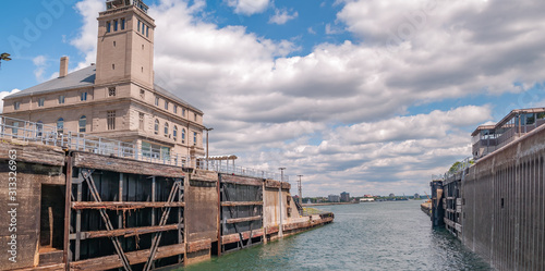 Soo Locks in the upper peninsula of Michigan as seen from a boat photo