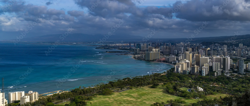 View of Waikiki beach and Honolulu skyline from Diamond Head
