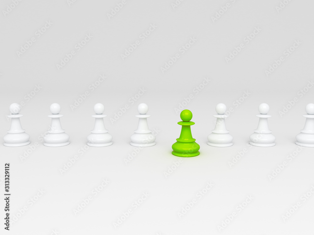 Single green pawn. Standing out from the crowd. Business strategy concept background. 3d render Single green pawn. Standing out from the crowd. Business strategy concept background. 3d render