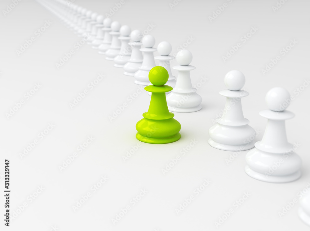 Single green pawn. Standing out from the crowd. Business strategy concept background Single green pawn. Standing out from the crowd. Business strategy concept background