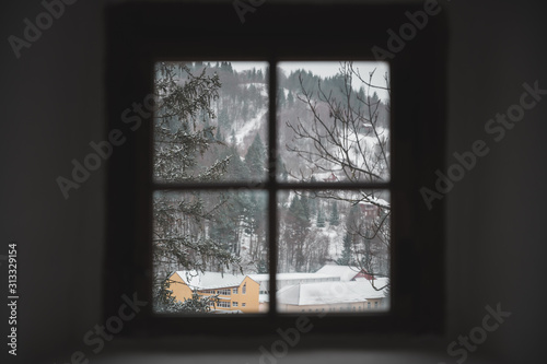 Landscape seen from a window. Snowy landscape with houses with roofs with snow on a cloudy day