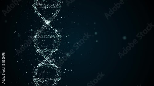 Abstract glittering DNA helix with depth of field rotating over dark space background, then fades away. photo