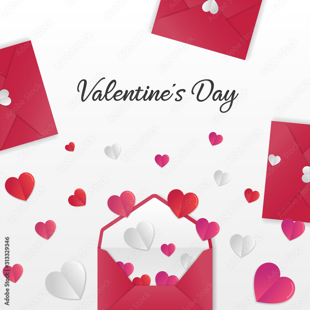 Plakat Valentine's day background of envelope with with heart shaped paper cut decoration. Minimalist horizontal holiday banner and typography vector