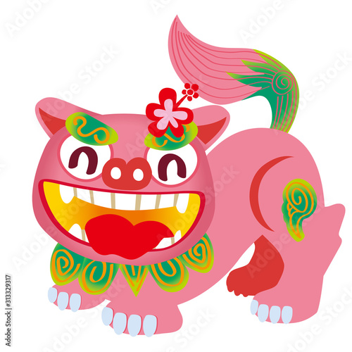 横向きのピンクのメスのシーサーのイラスト 沖縄県 旅行のイメージイラスト Stock ベクター Adobe Stock