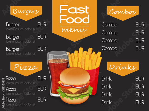 fast food menu. template. Cartoon style. Vector illustration. Isolated on white. Object for packaging, advertisements, menu.