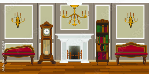 interior of the old living room with fireplace and large clock