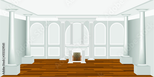 empty living room interior with columns and fireplace