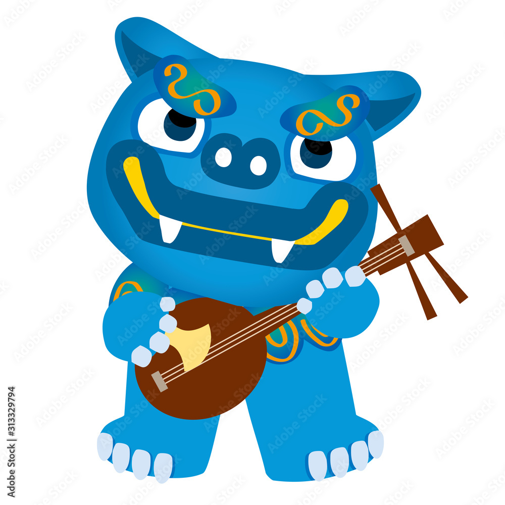 三線を演奏するブルーのオスのシーサーのイラスト 沖縄県 旅行のイメージイラスト Stock Vector Adobe Stock