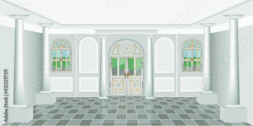 interior of a white living room with columns and windows to the street