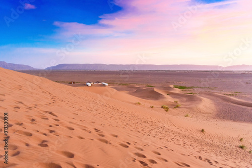 Fototapeta Naklejka Na Ścianę i Meble -  Sunset Landscape of Tinfou Dunes, Zagora, Sahara, Morocco.