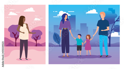 set scenes of parents with sons in park nature vector illustration design