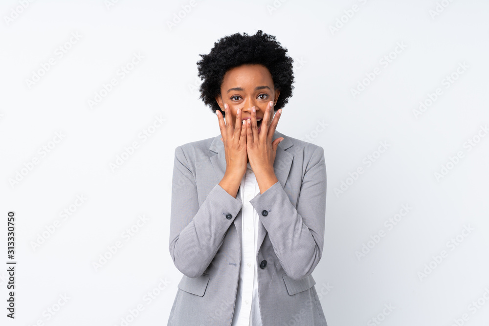 African american business woman over isolated white background with surprise facial expression African american business woman over isolated white background with surprise facial expression