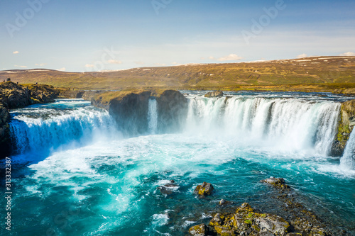 Aerial view landscape of the Godafoss famous waterfall in Iceland.