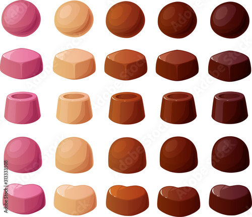 Vector illustration of various kinds of filled chocolate truffles, pralines and bonbons isolated on a white background
