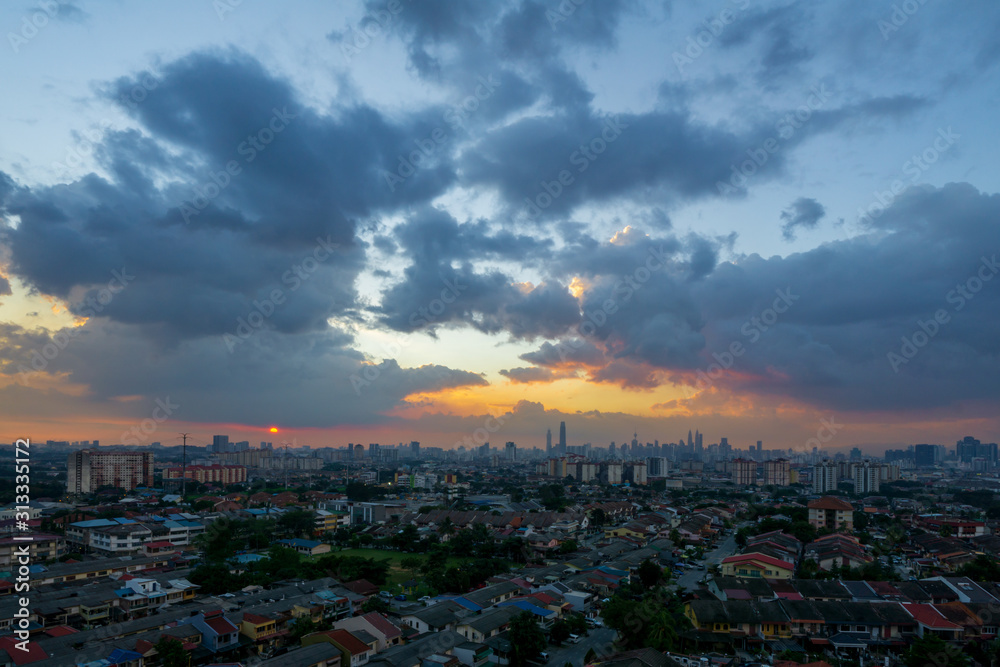 Cloudy sunset over downtown Kuala Lumpur, Malaysia.
