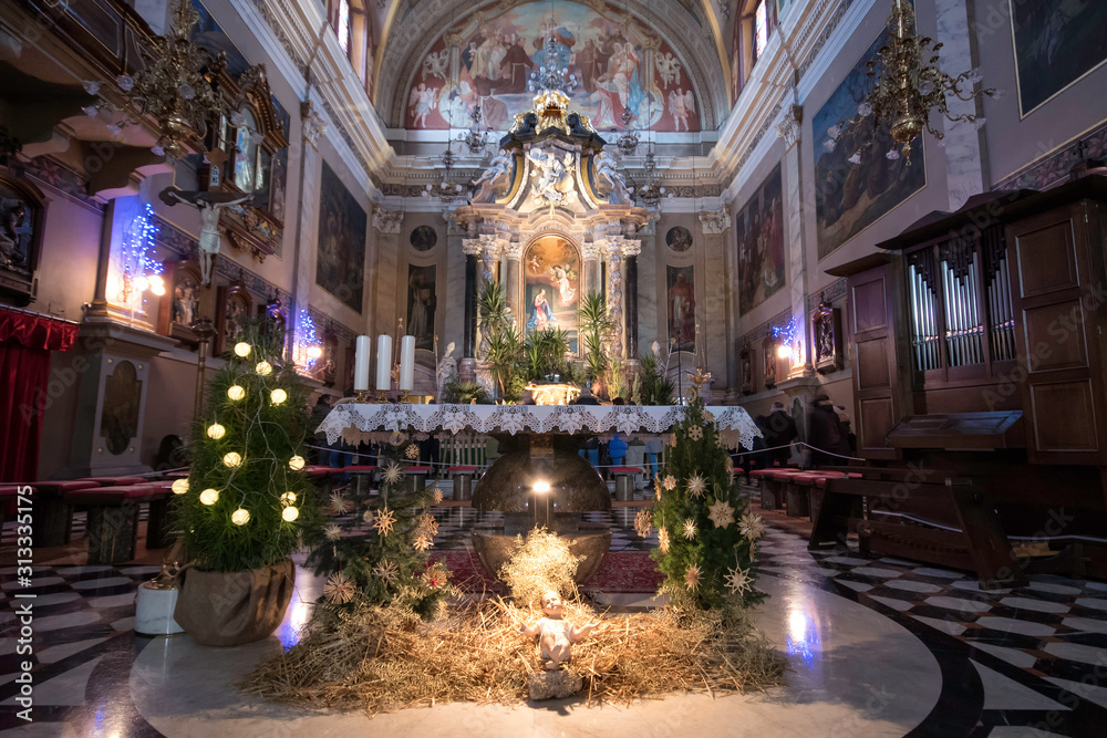 Ljubljana / Slovenia - December 28 / 2019 : internal view of Franciscan Church of the Annunciation 