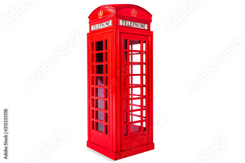 Traditional English red telephone booth  public call-box on white background  isolated.