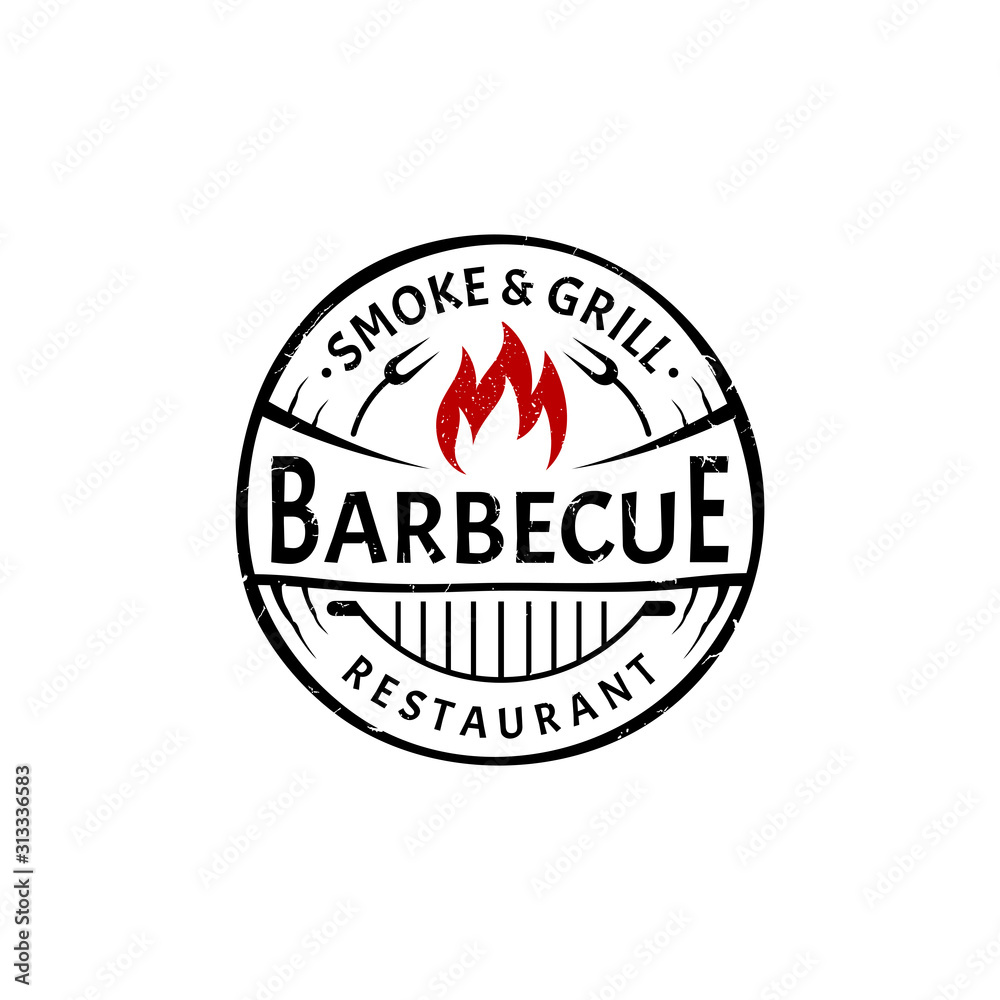 Obraz premium Vintage Retro BBQ Grill Logo. Barbecue Restaurant Emblem Logo Template. Barbecue Label Stamp Logo With Grunge/Rustic Effect