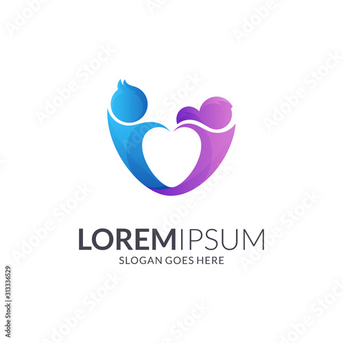 Children Love and Care Logo Design. Modern Kids Play Logo Template. Vector Illustration Of Girl and Boy In Heart Shape. Child Education And Healthy Logo Element