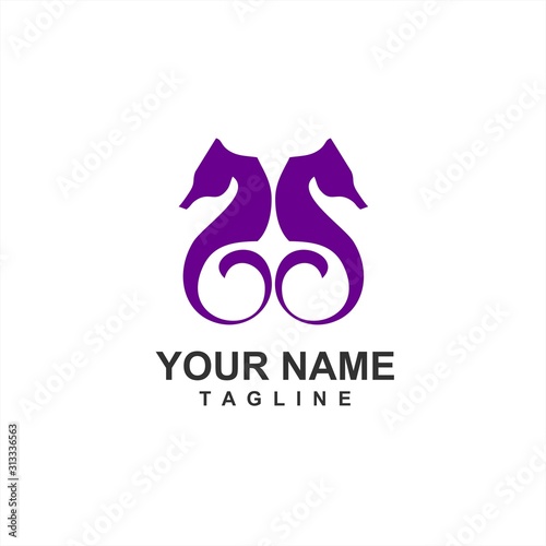 simple couple purple sea horse logo and vector icon