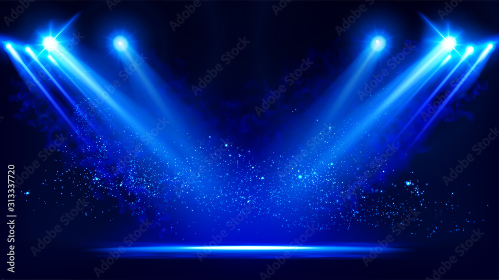 Tablecloth Illuminated stage with scenic lights and smoke. Blue vector  spotlight with smoke volume light effect on black background. Stadium  cloudiness projector. Mist show room. Vector. EPS 10 - Nikkel-Art.co.uk