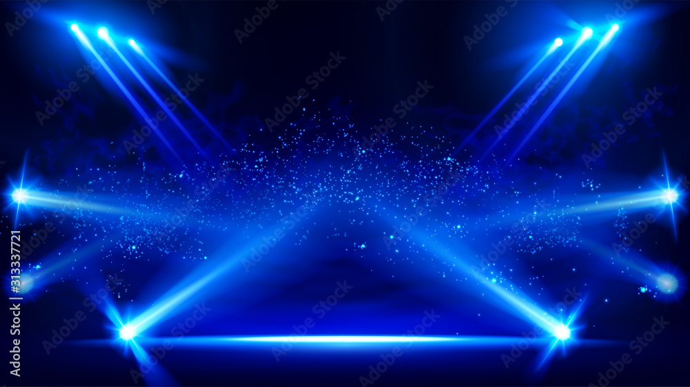Illuminated stage with scenic lights and smoke. Blue vector spotlight with smoke volume light effect on black background. Stadium cloudiness projector. Mist show room. Vector. EPS 10