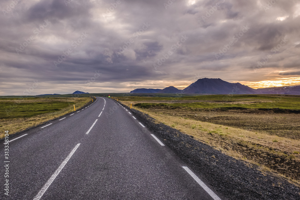 White night over route number 1 in north part of Iceland