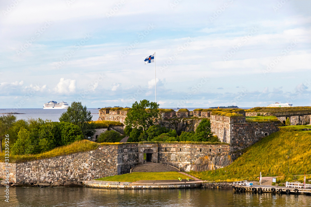 Bastions of finnish fortress Suomenlinna (or swedish name Sveaborg) at the coast of Baltic sea near Helsinki city, Finland
