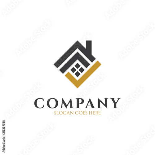 Real estate logo design with check mark shape. Simple house/home logo template. Property business and marketing vector