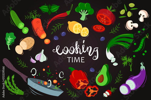 Set of flat hand drawn isolated vegetables on a black background. Vector illustration. Cooking time. Fresh organic food. EPS 10.