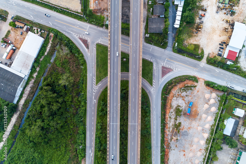 Aerial view from drone shot of highway road.