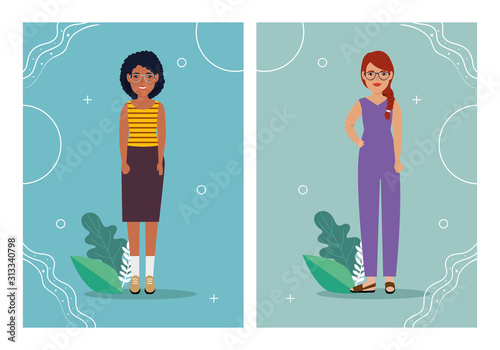 group women standing and leafs tropicals vector illustration design