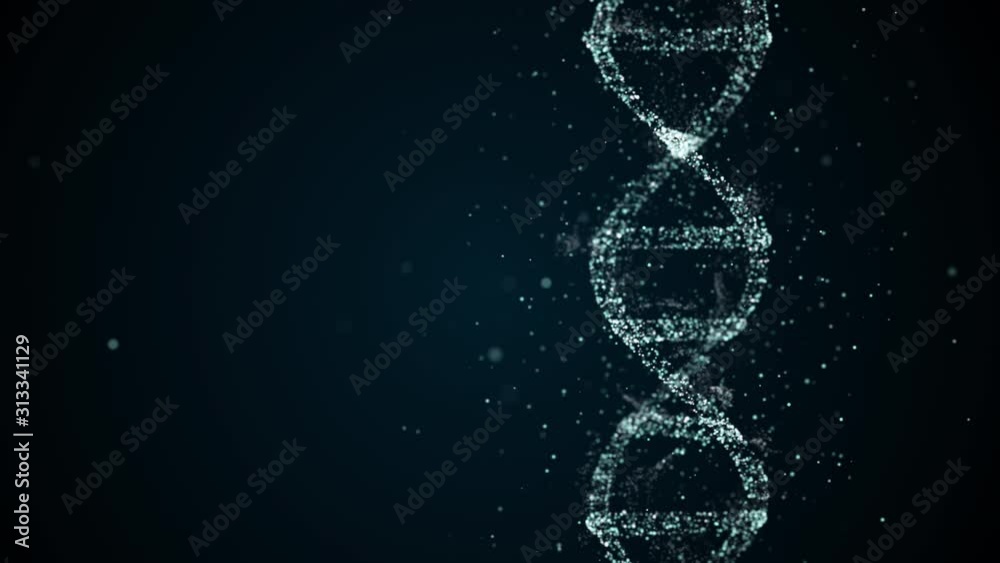Artificial dna structure with shining light particles on dark artistic cyberspace background.