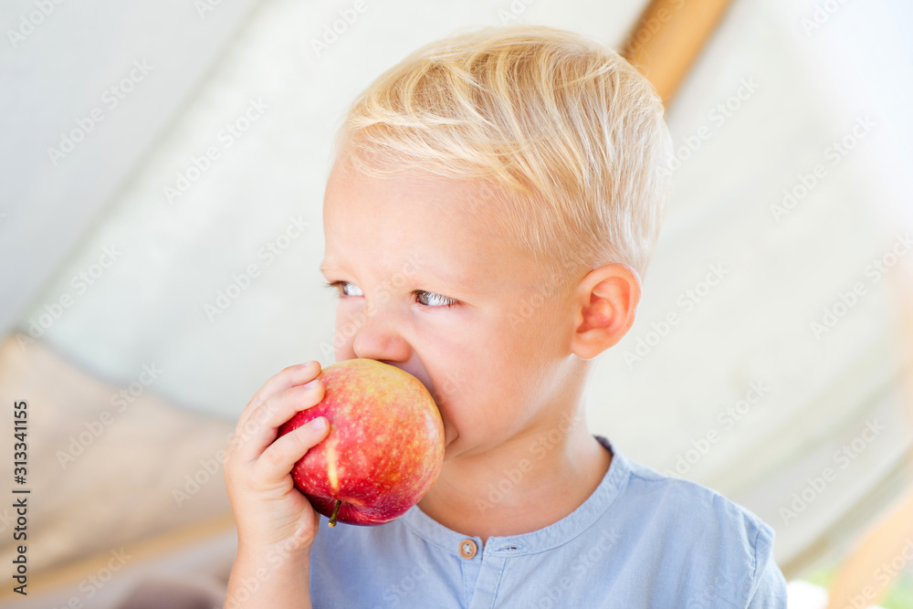 Laughing cute little boy on camping sitting in tent and eat apple fruit. Happy childhood. Happy little boy. Laughing cute little boy on camping sitting in tent and eat apple fruit. Happy childhood. Happy little boy.