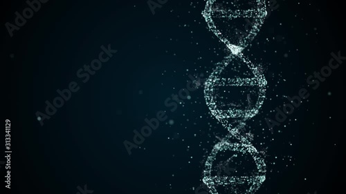 Artificial dna structure with shining light particles on dark artistic cyberspace background.