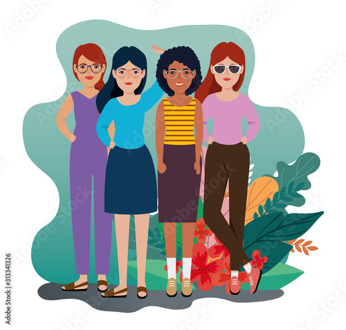 group of women standing with leafs tropicals vector illustration design