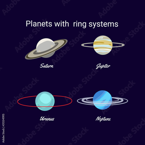 Planets with ring. Saturn, Jupiter, Venus and Neptune. Solar system objects. Planet icon set. Vector illustration in flat cartoon.