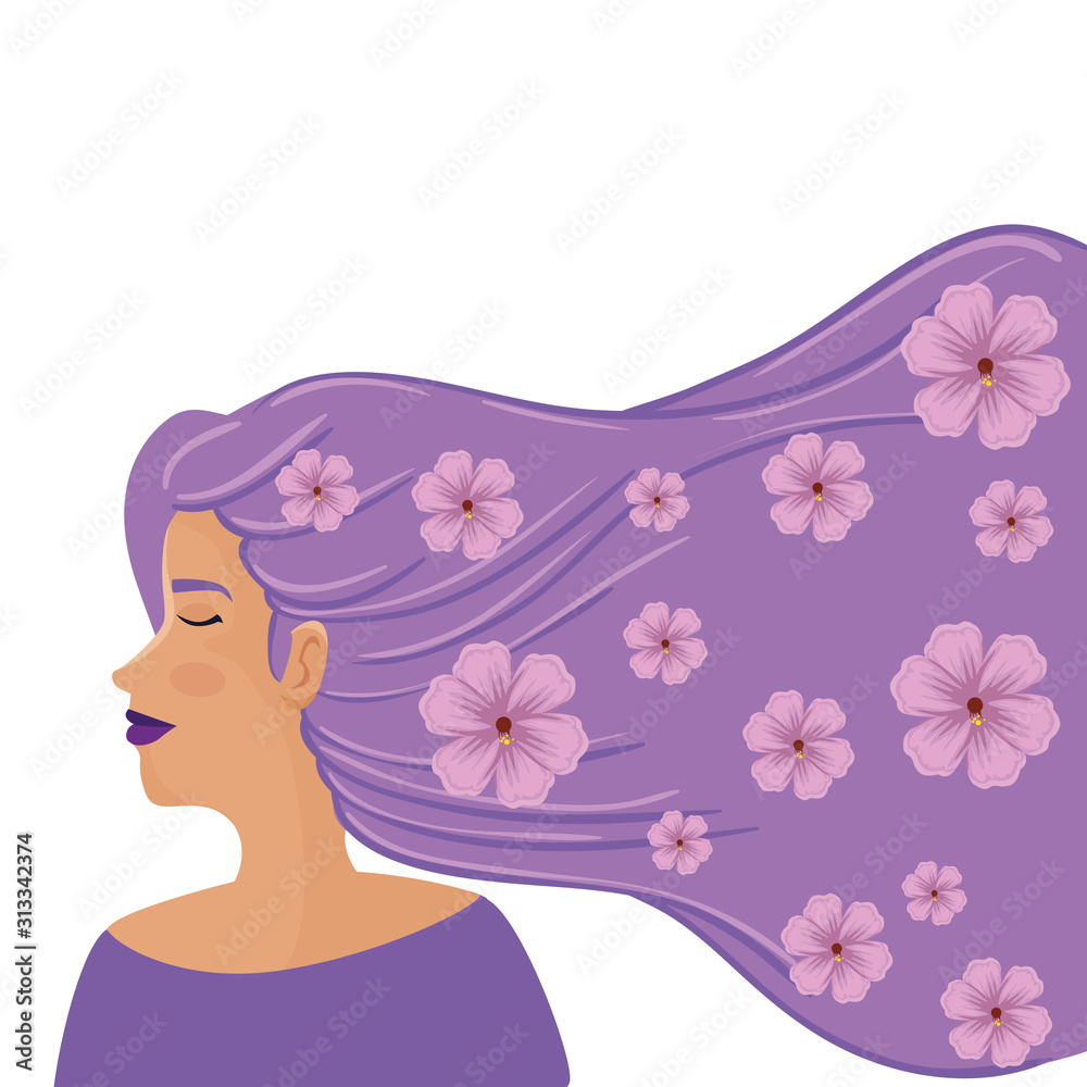 beautiful woman with hair purple and flowers vector illustration design