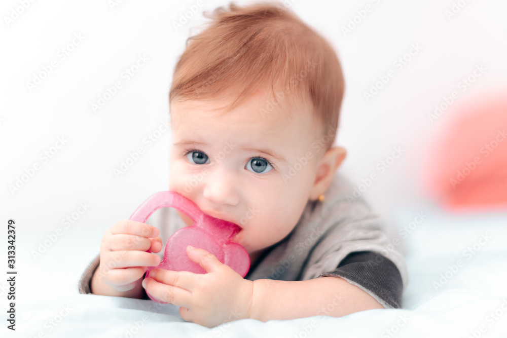 Cute Baby Biting on Calming Teething Toy Cute Baby Biting on Calming Teething Toy