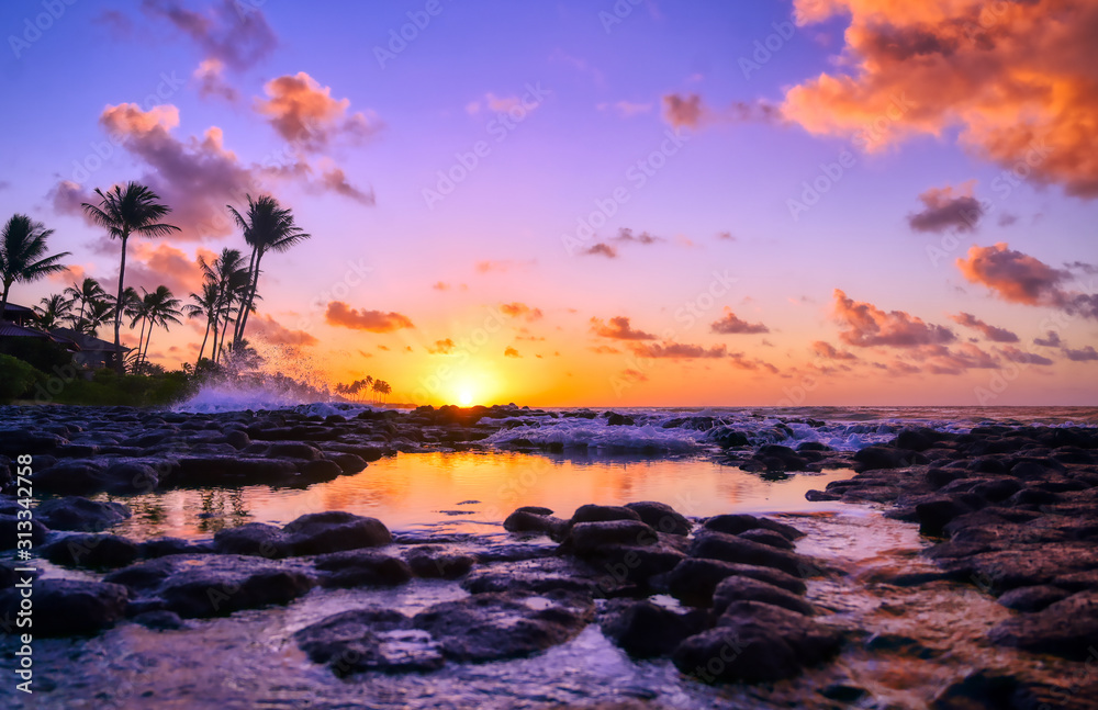 Sunrise over the coast of Kauai, Hawaii,