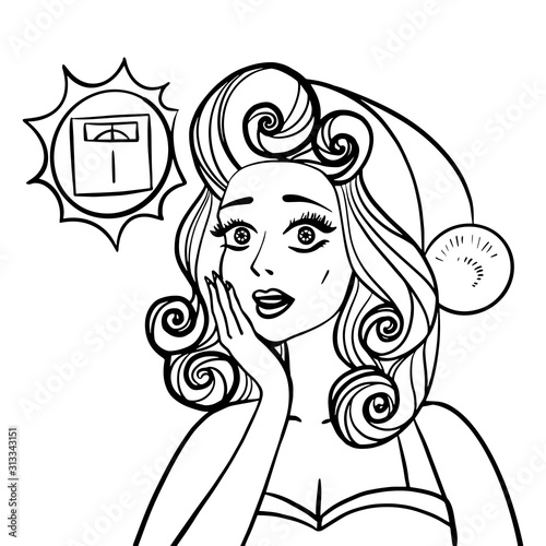 Woman is afraid to weigh herself after the new year. Fun vector illustration pinup style. Black and white.