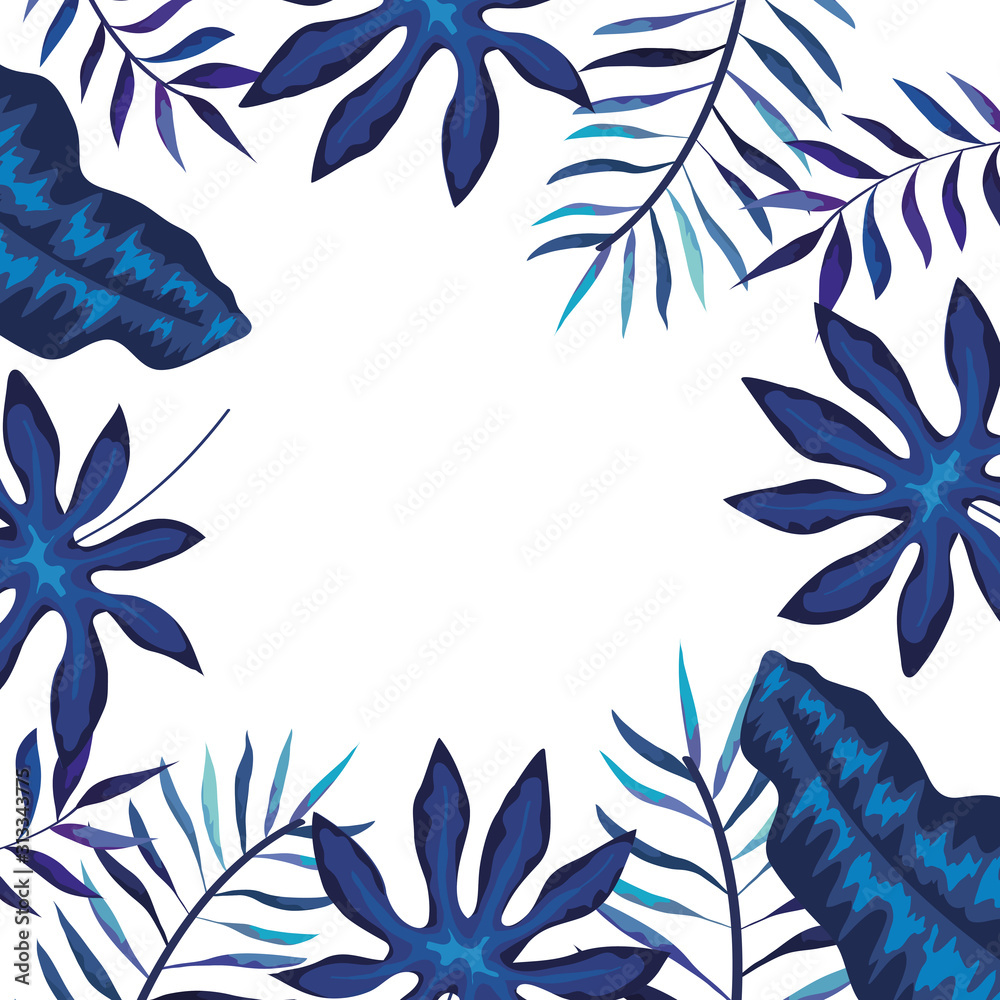 frame with branches and leafs blue color vector illustration design