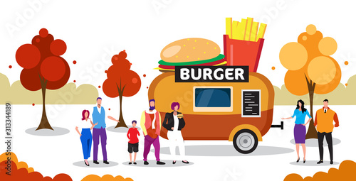 people standing in line queue burger trailer tasty eating street food concept outdoor fair horizontal full length vector illustration