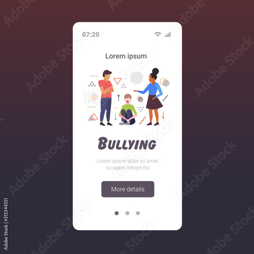 depressed girl being bullied by mix race schoolmates peer violence victim of bullying mocking public disapproval censure concept smartphone screen mobile app full length copy space vector illustration