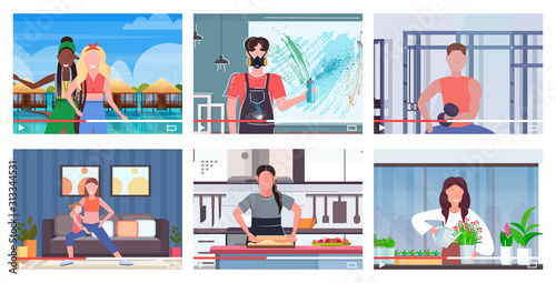 set bloggers recording online video vloggers doing live streaming broadcast social media networking blogging concept computer monitor screens collection horizontal vector illustration