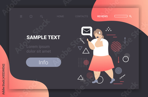 fat girl being bullied woman using smartphone online mobile chat application social media harassment trolling cyber bullying concept full length horizontal copy space vector illustration
