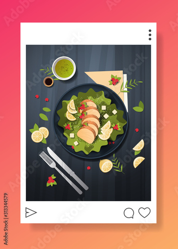 photo of fresh salad prepared dish for blog food blogging social media concept food hunter review vertical vector illustration