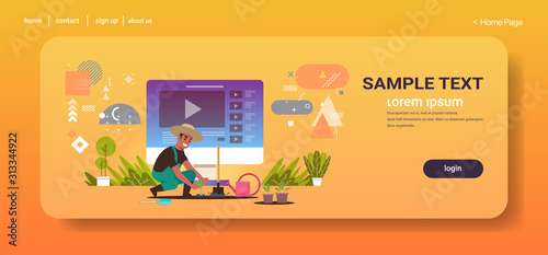 farmer blogger recording online video man vlogger in uniform planting young seedlings in vegetable garden agriculture seedling blogging concept full length horizontal copy space vector illustration